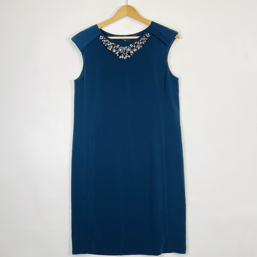 Benetton Shift Dress Womens Small Blue Jewel Neck Embellished Classic‎ Chic